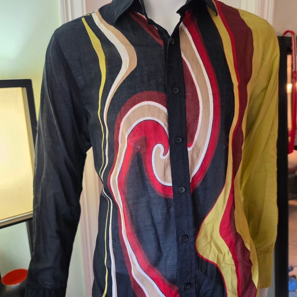 Psychedelic Swirl Button Down Shirt Black Mustard Yellow Red Abstract Graphic